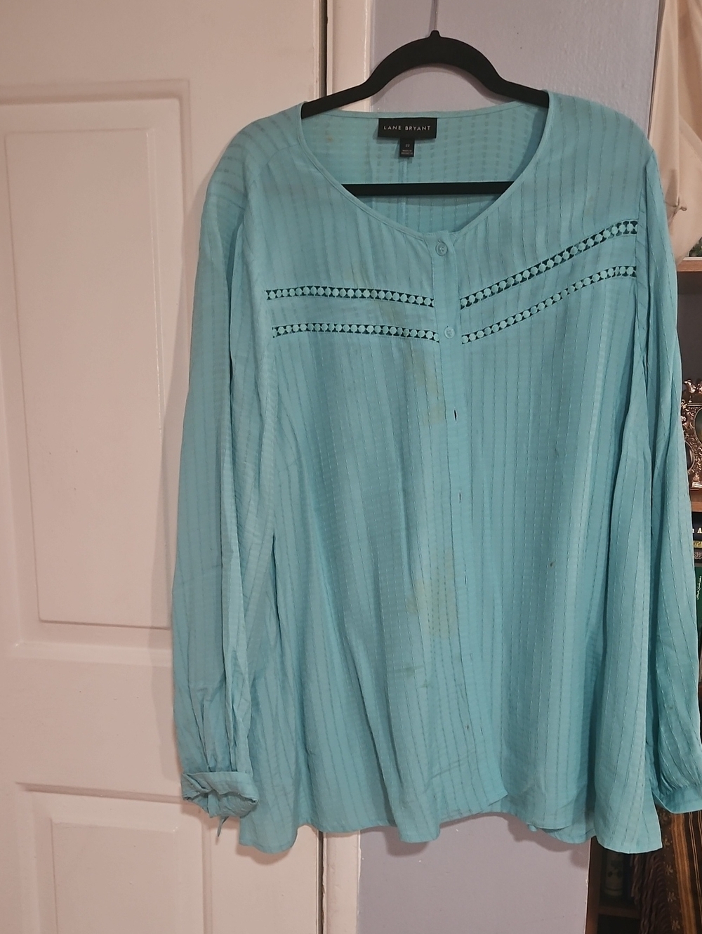 Lane Bryant Aqua Button-Front Blouse with Ladder Lace Detail